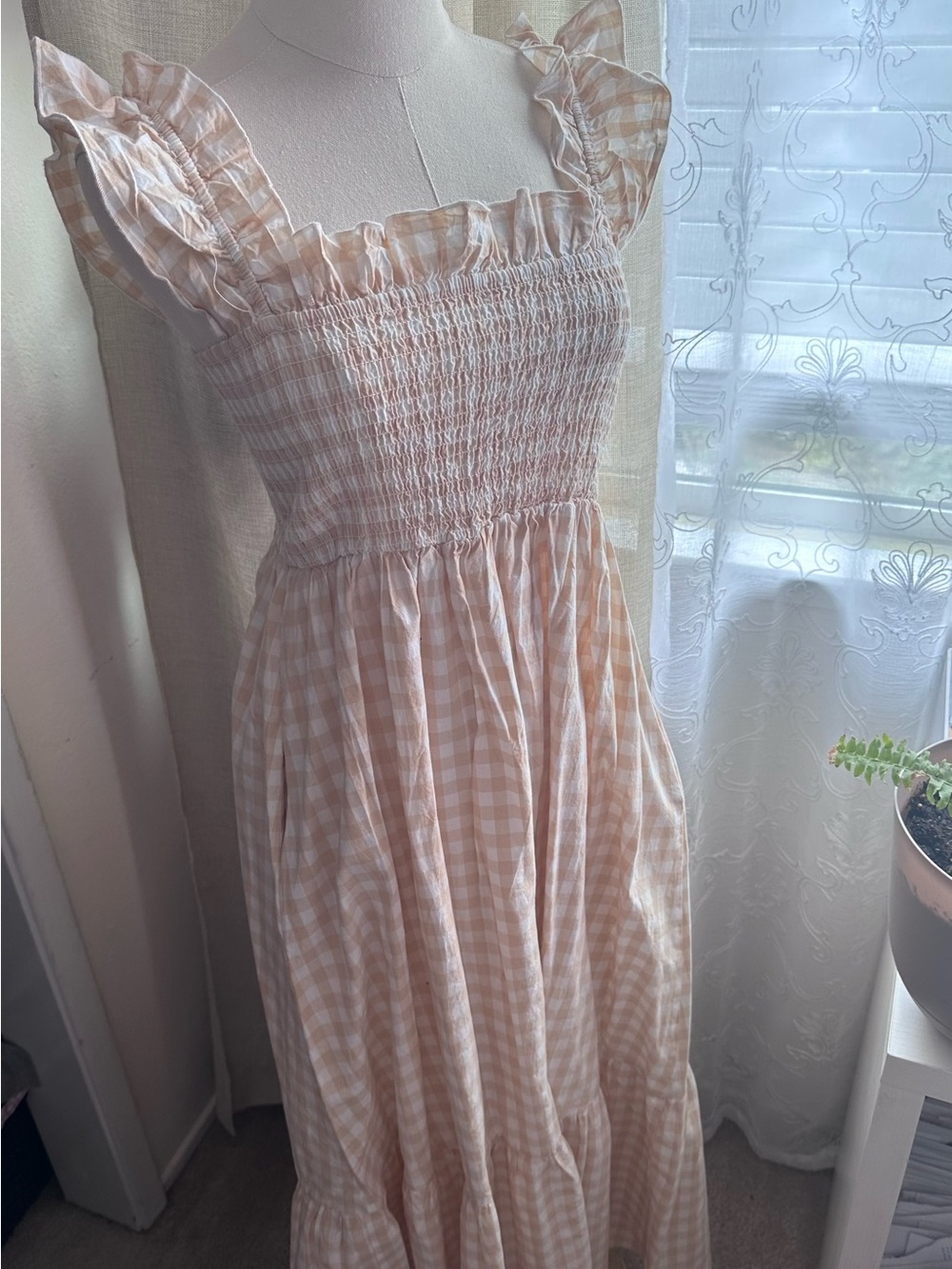 Gingham Smocked Maxi Dress in Peachy Pink